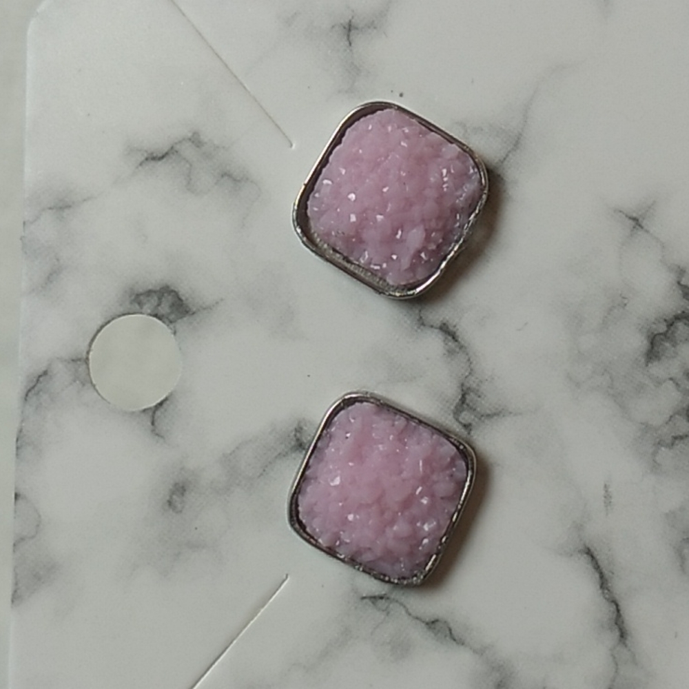 Stainless Steel Druzy Stud Earrings Square Shape Pink (25)